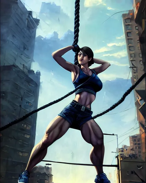 Image similar to gigachad jill valentine bodybuilder swinging from a building with a rope in racoon city, fantasy character portrait, ultra realistic, anime key visual, full body concept art, intricate details, highly detailed by greg rutkowski, ilya kuvshinov, gaston bussiere, craig mullins, simon bisley