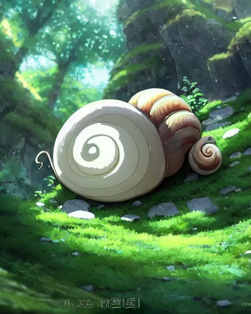 Image similar to a cute large snail with a shell made of stone and moss, lush aspen forest, great detail, epic composition, top down angle ， by makoto shinkai an krenz cushart