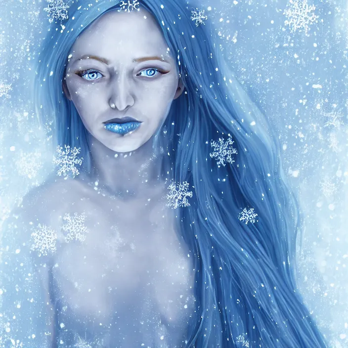 Prompt: full body portrait of a sickly looking woman dying of hypothermia, with very white skin and pale blue hair wearing a long white dress made out of snowflakes in the middle of a heavy snowstorm. blue lips. digital art by maromi sagi