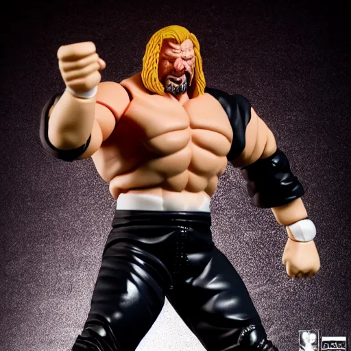 Image similar to Full body shot of a highly detailed flexible Triple H vinyl plastic figurine as a villain, highly detailed face, white background, 3d, high quality, depth of field, high contrast, 8k, concept art, smooth, sharp focus, highly detailed, wrestling, WWE