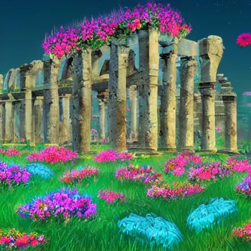 Image similar to ancient ruins covered with flowers, epic retrowave art, trending on art station
