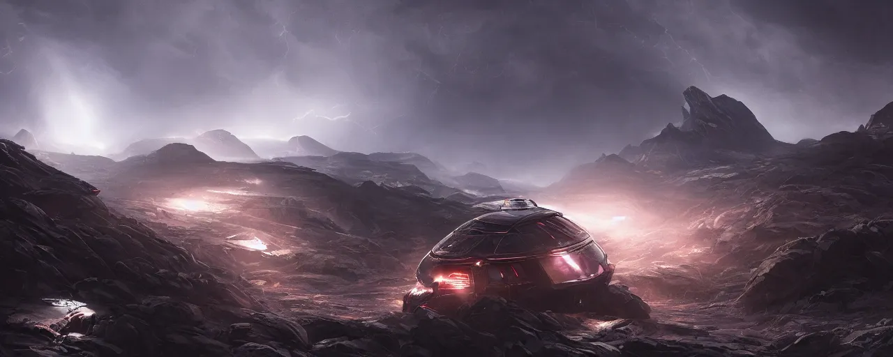 Prompt: an image of an obsidian alien ship in the night on a mountain with crimsom headlights by Paul Chadeisson, atmospherical, heavy storm, lightnings , concept art, high detail, intimidating , cinematic, dramatic, Artstation trending, octane render