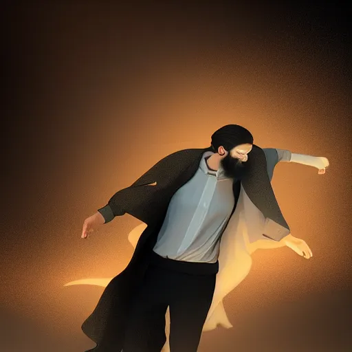 Prompt: A very detailed digital art rendering and concept design of a beautiful bearded young ethereal man beautifully positioned and dancing in volumetric lighting, three dimensions, a digitally transformed environment, user interface design, 3D modeling, illustration, and transportation design