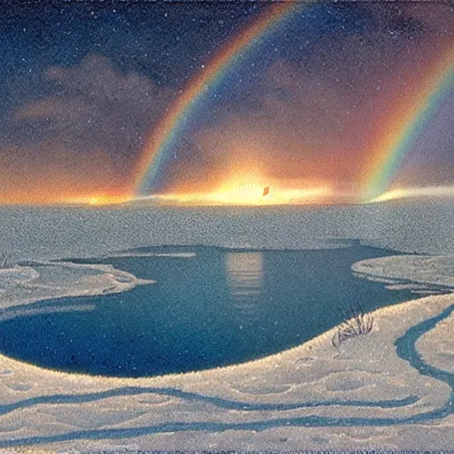 Prompt: a horsesnake on an ice lake in a snowstorm, beautiful lighting, rainbows, by larry elmore