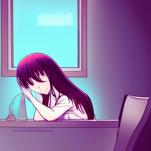 Image similar to Tired anime girl sleeping on chair with head on desk, in front of windowwarm lighting, anime fan art style, magical fantasy, pink lighting, trending on DeviantArt