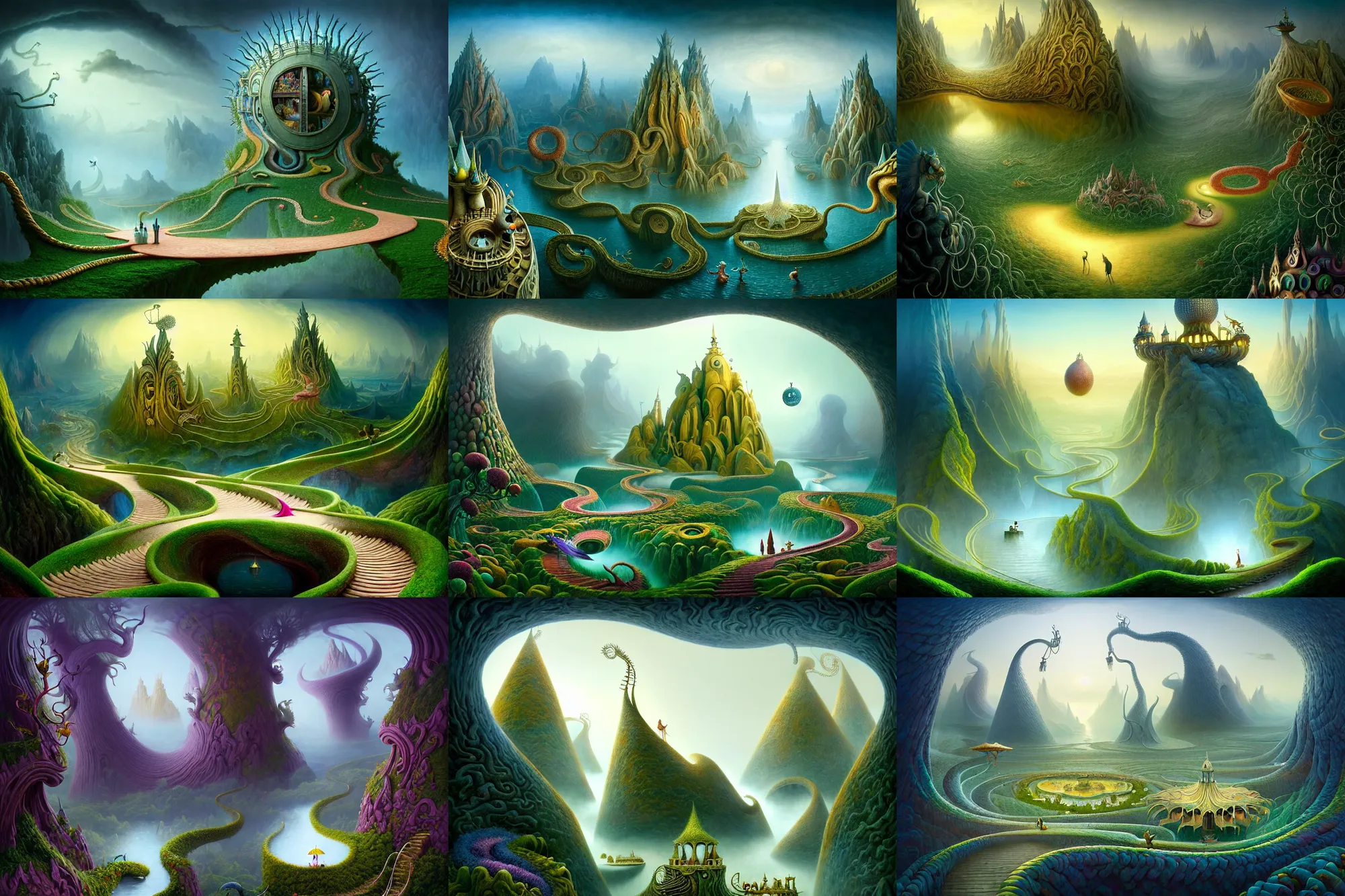 Prompt: a beguiling epic stunning beautiful and insanely detailed matte painting of the impossible winding path in a dream world with surreal architecture designed by Heironymous Bosch, dream world populated with mythical whimsical creatures, mega structures inspired by Heironymous Bosch's Garden of Earthly Delights, vast surreal landscape and horizon by Cyril Rolando and Andrew Ferez and Mike Azevedo, masterpiece!!!, grand!, imaginative!!!, whimsical!!, epic scale, intricate details, sense of awe, elite, wonder, insanely complex, masterful composition!!!, sharp focus, fantasy realism, dramatic lighting