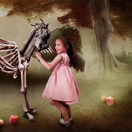 Image similar to a portrait of a little girl feeding an apple to a skeleton horse, the girl looks happy and have bright eyes and a porcelain face, matte painting 3 d watercolour rendering,