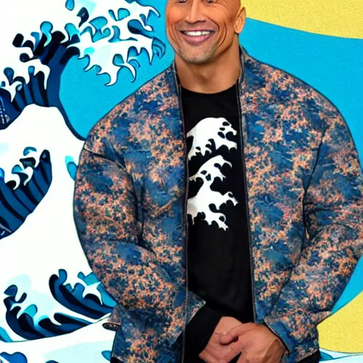 Image similar to Dwayne Johnson wearing a The Great Wave off Kanagawa jacket