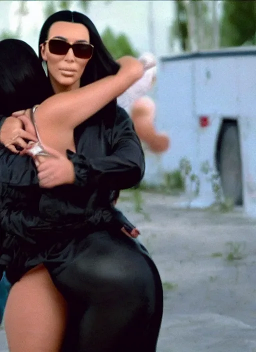 Prompt: film still of kim kardashian being hugged by bubbles from trailer park boys,