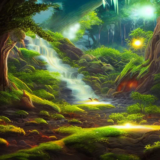 Image similar to beautiful lush natural scene on another planet, with creatures. lightfall. beautiful detailed digital painting. trending on artstation and deviantart.