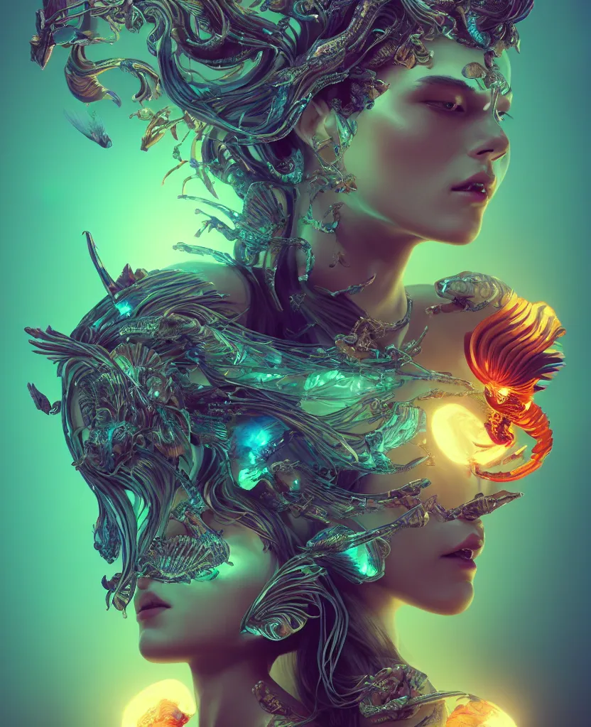 Image similar to goddess close-up portrait. orchid bird phoenix head, nautilus, skull, betta fish, bioluminiscent creatures, intricate artwork by Tooth Wu and wlop and beeple. octane render, trending on artstation, greg rutkowski very coherent symmetrical artwork. cinematic, hyper realism, high detail, octane render, 8k