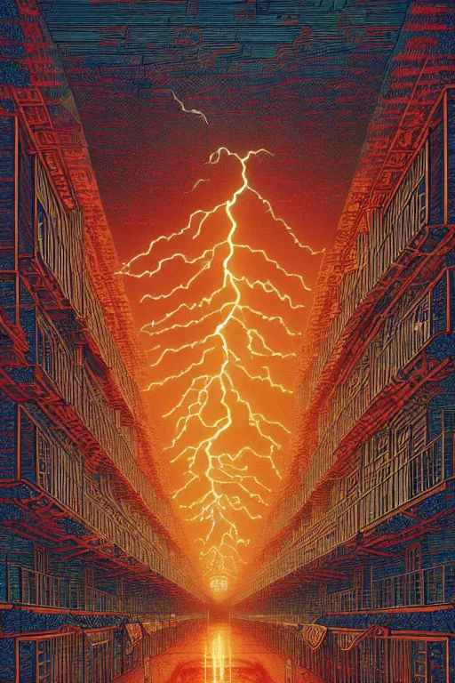 Image similar to artwork of a chinese prison by dan mumford and toshi yoshida and peter doig, symmetrical, vintage scifi, highly detailed, dramatic lightning,, 8 k