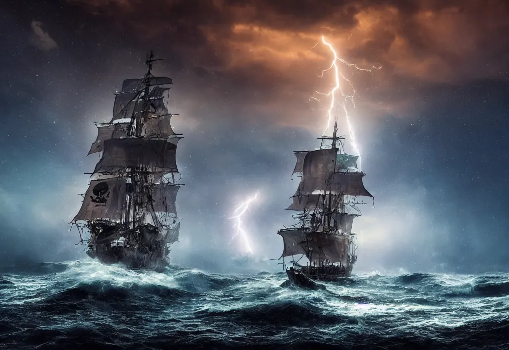 Image similar to photograph of a pirate ship traveling through sea of stars, breathtaking stars, thunderstorm lightning, interstellar, concept art, NASA, 4K, Detailed, HDR