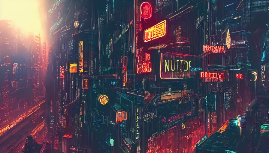 Prompt: cyberpunk city, neon sign, bladerunner, with a weathered ancient greek sculpture standing in the middle, digital illustration, artstation, bottom view