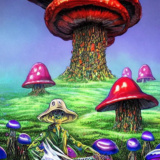 Image similar to 4 k headshot portrait of a psychedelic demonic anthropomorphic insect knight with mushroom themed clothes, magic mushroom village in background by jeff easley, award winning, stylized neon, post - processing, masterpiece, superb resolution. in the art style of junji ito and greg rutkowski. detailed mushroom city in background. hyper realistic anime. perfect art. dalle 2