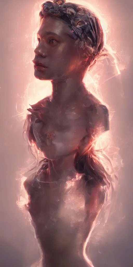 Image similar to cinematic portrait of a young girl in crown, goddess of endless transgression of life and death in paradise, photorealism concept art trending on artstation, glowing light 8 k