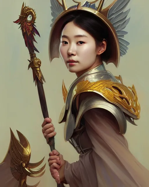 Prompt: Close-up portrait of korean girl wearing a winged helmet and a robe, holding a magic staff, portrait, highly detailed, digital painting, artstation, concept art, sharp focus, illustration, art by artgerm and greg rutkowski and alphonse mucha