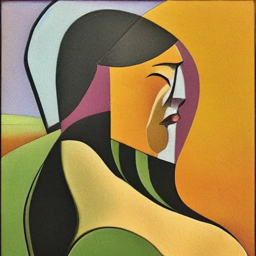 Image similar to woman as the natural landscape, her curves form the mountains and rivers of the land , high quality art in the style of cubism and georgia o’keefe,