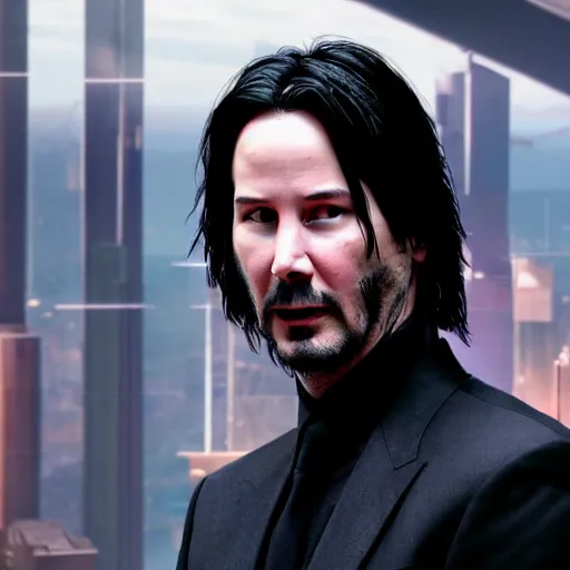 Image similar to high quality photo of Keanu Reeves in a cyberpunk cyberpunk cyberpunk city, realism, 8k, award winning photo