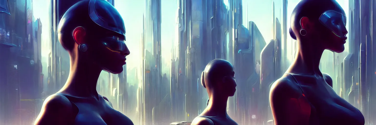 Prompt: out of focus scene of a futuristic cyberpunk cityscape, focus on a lone female humanoid, half body cropping, elegant profile pose, perfect anatomy, bokeh, hyper photorealistic, crispy quality, digital photography, art by pascal blanche, art by artgerm, art by greg rutkowski,