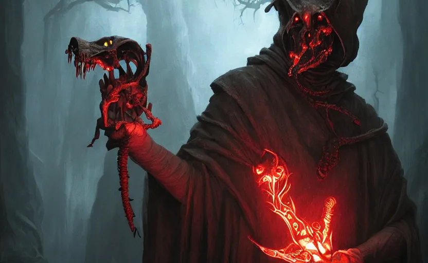 Prompt: portrait of a humanoid rat sorcerer with a rat skull face, glowing red eyes in the rat skull, dark hooded sorcerer robes, fantasy, d & d, greg rutkowski, frank frazetta, intricately detailed, impressive lighting, misty environment, holding a blue flame in each hand, power stance, ultimate power, doom, 8 k hdr