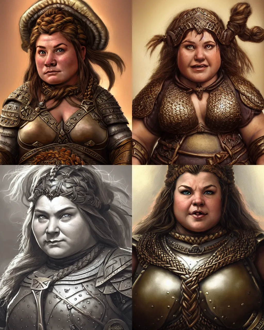 Prompt: portrait, chubby hearty benevolent female dwarf paladin, bronze dwarven breastplate, complex braided hair, proud short robust woman, serious expression, big nose style by jeff easley, brian froud, ralph horsley, dramatic light, high detail, cinematic lighting, artstation, dungeons and dragons, temple