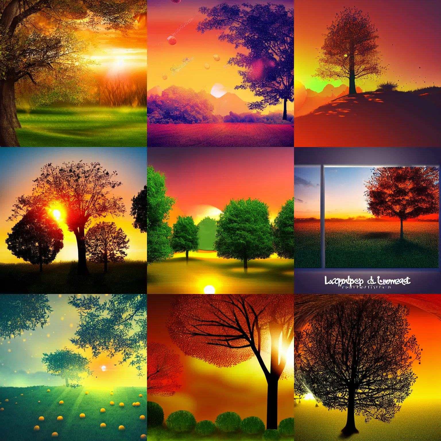 Prompt: landscape, trees with oranges, sunset, particle effects