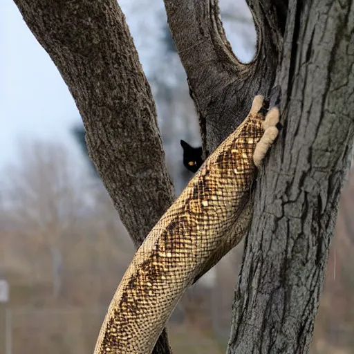 Prompt: cat python hybrid hanging off a branch