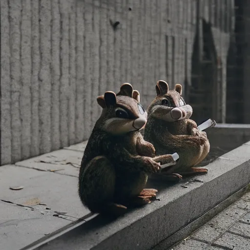 Image similar to two chipmunks, chip and dale, smoking cigarettes, brutalist plattenbau houses at background, cinematic lighting, rainy weather, melancholy atmosphere, volumetric light, gothic architecture, realistic reflections, model agency, instagram photo, depression atmosphere, shot on sony a 6 4 0 0 camera, beauty filter, postprocessing