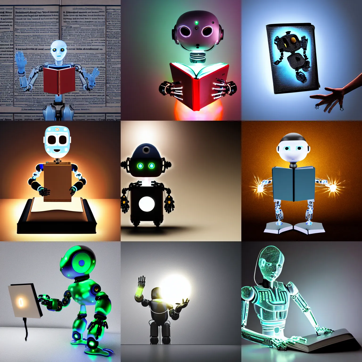 Prompt: unchained robotic humanoid holding a glowing book