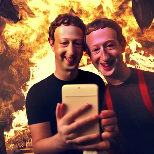 Image similar to selfie of Lucifer smoking weed with mark zuckerberg in hell