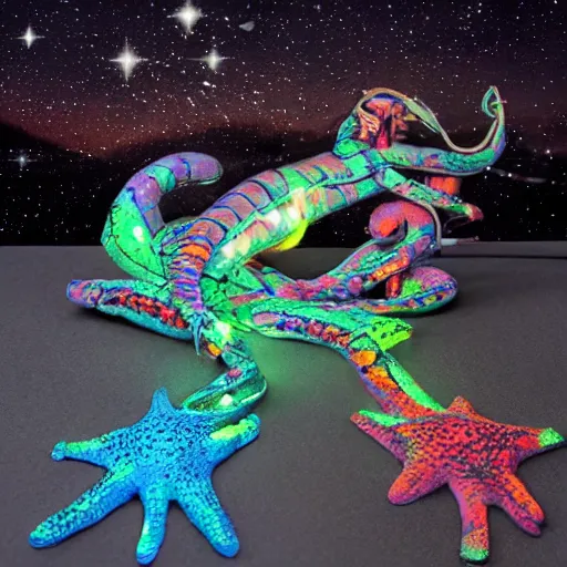 Image similar to stop motion bipedal halloween eel snake skeleton fantasy mermaid with a fish bone body, on a spray painted cardboard dock with a hand painted night sky full of led glittery stars, adorable, side profile, macro camera lens