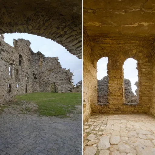 Prompt: a view that is split in two. the right half is from when the castle was new. the left half is from when the castle has advanced in time and become a ruin.