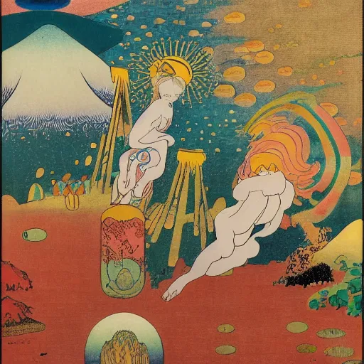 Image similar to angelic radiating fantastic shallows angle betta mayonnaise geyser machine, by katsushika hokusai and paul klee and richard dadd, speedpainting, oil on canvas, fine art