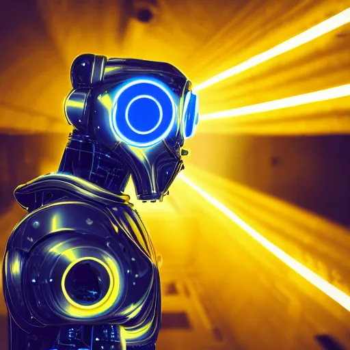 Prompt: portrait photo of a robot bear as a jedi, blue and yellow lighting, dark, cinematic, high quality, 4 k