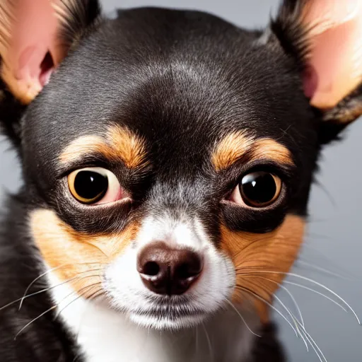 Image similar to studio photo of a hybrid chihuahua with cat head and cat face, 4k