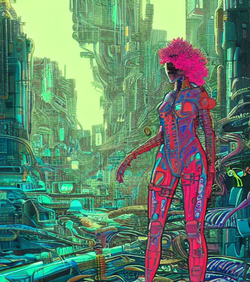 Prompt: a cyberpunk asian woman swims through a vibrant dark alien coral reef, Industrial Scifi, detailed illustration, character portrait, by Martin Grip and Moebius