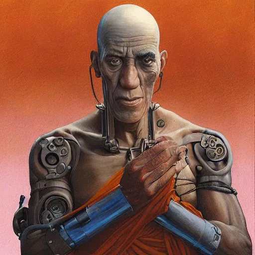 Prompt: cyborg monk painted by mandy jurgensen and geof darrow