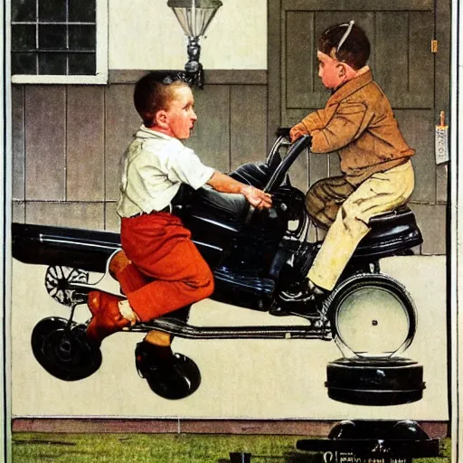 Prompt: a Norman Rockwell painting of a boy driving a hover-car