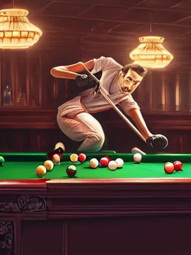 Image similar to snooker bar fight. intricate, elegant, highly detailed, digital painting, artstation, concept art, sharp focus, illustration, by justin gerard and artgerm, 8 k