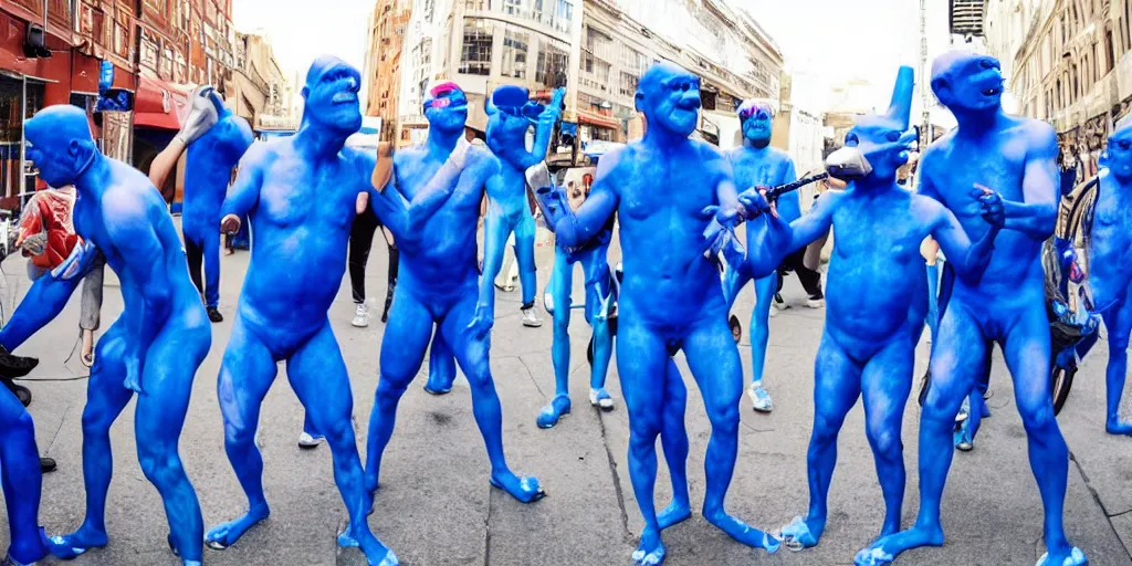 Image similar to cyclops coneheads blue men group street performers, detailed facial expressions