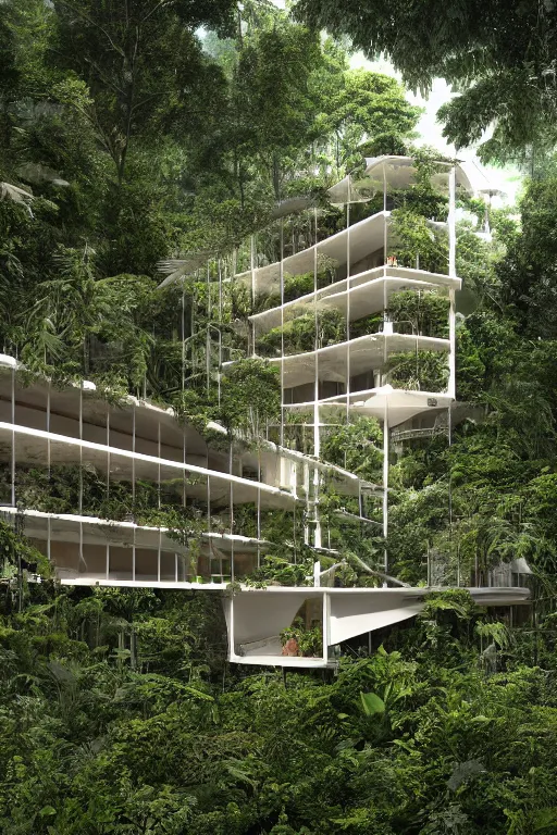 Prompt: architecture inspired by renzo piano deep in the rainforest. nature is taking over. upside down. metabolism. matte painting. octane render. hdr. volumetric lighting. global illumination. atmospheric.