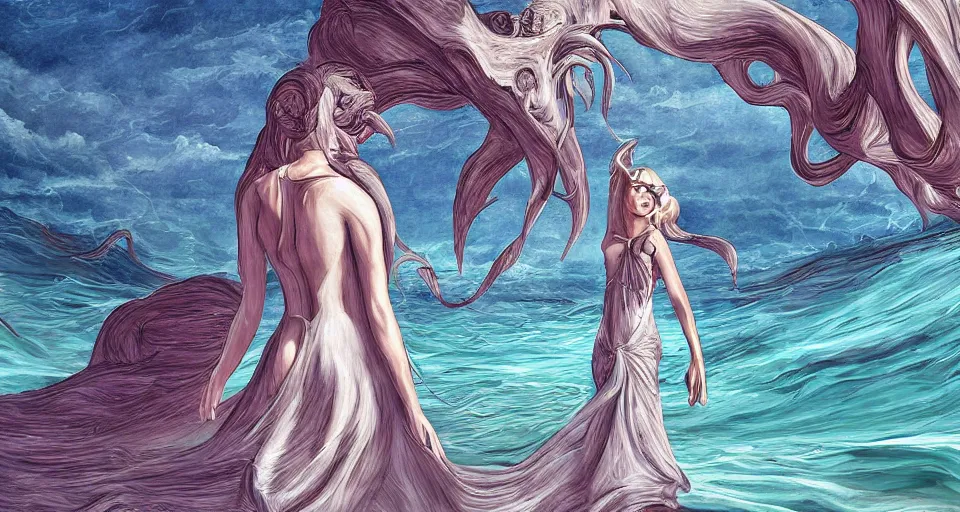 Image similar to A woman wearing a sundress watching as an eldritch sea god emerges from the ocean, digital art, detailed