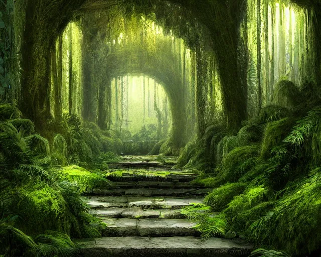 Prompt: Temple hallway, densley overgrown with moss, plants, flowers, ferns, some fireflies flying in the air, atmospheric, amazing and immaculate scale, trending on Artstation, digital art