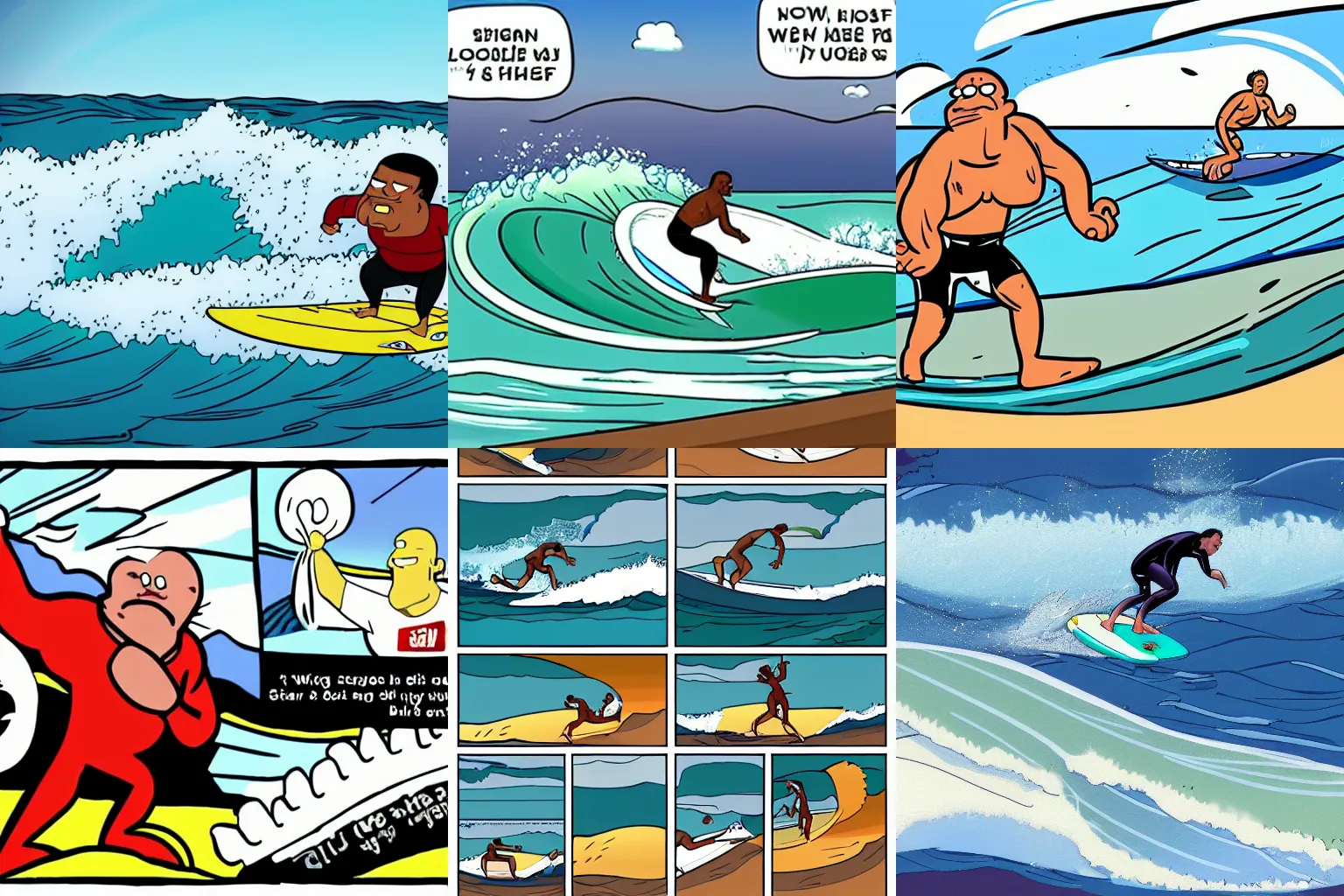 Prompt: surfing scene from the Big Lez Show where Big Lez catches a wave