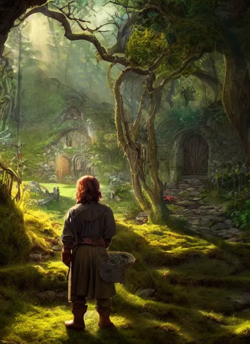 Image similar to beautiful art portrait of a hobbit in a dark mystical fantasy ruin surrounded by lush spring time forest, masterpiece, trending on artstation, unreal 5, daz, hyperrealistic, octane render, dungeons and dragons, dynamic lighting