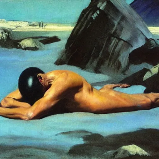 Image similar to a man laying on a Martian beach, frank frazetta