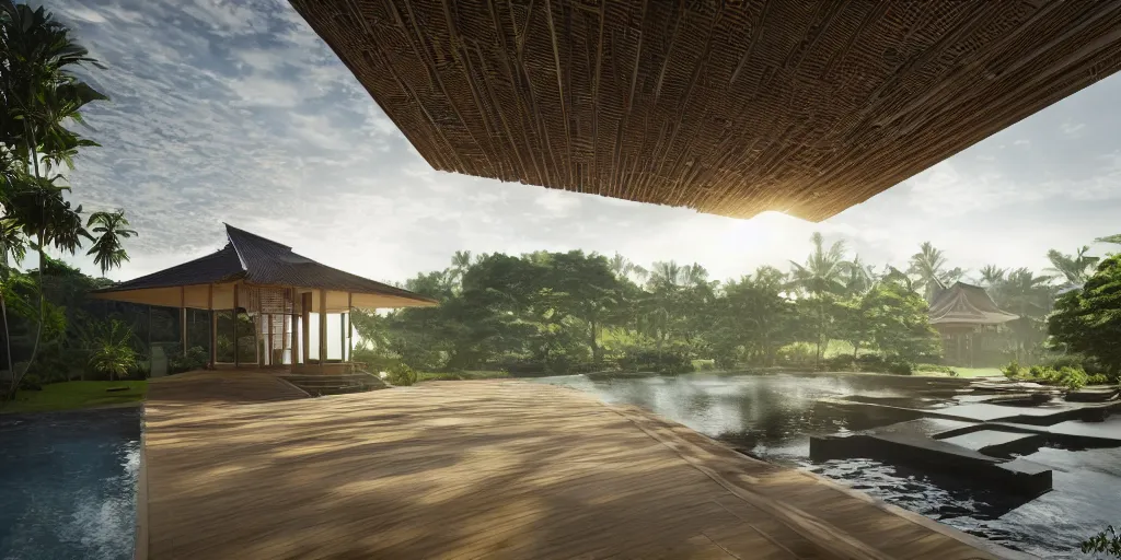 Prompt: 3d rendering of beautiful nature meets architecture concept of a residential house. balinese architecture by Kengo Kuma, volumetric lighting, luxury, high detail, 14mm, cinematic photography, cg architects, high resolution