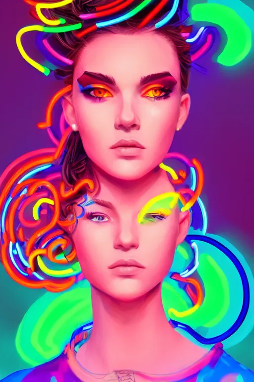 Image similar to a award winning portrait of a beautiful woman with stunning eyes in a one off shoulder croptop and cargo pants with rainbow colored hair, outlined by whirling illuminated neon lines and fine lines swirling in circles by rhads, digital art, trending on artstation