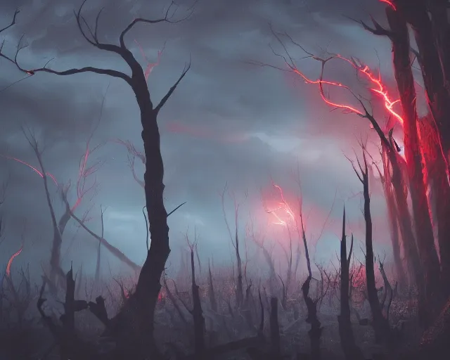 Prompt: a dark dead forest with a storm with red lightning striking, by bekinski, trending on artstation, 4 k